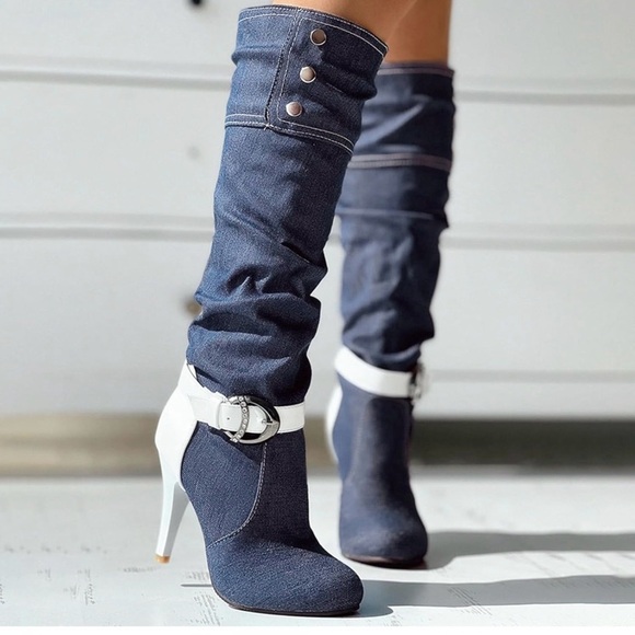 NWOT Stylish Denim and White Heeled Boots - Picture 2 of 5